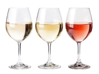 A Stunning Array of Three Different Wine Glasses Displaying White, Rosé, and Red Wines  isolated on transparent background 