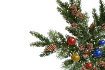 A close-up showcases a portion of a decorated evergreen branch. Pinecones nestle amongst sparkling lights & colorful, glittery ornaments, set transparent