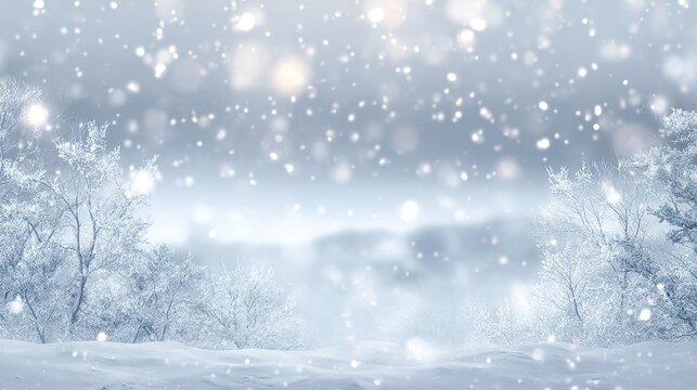 Beautiful snow-covered winter landscape with falling snowflakes, blurred trees and hills draped in white snow, evoking a serene, magical and peaceful cold season atmosphere.