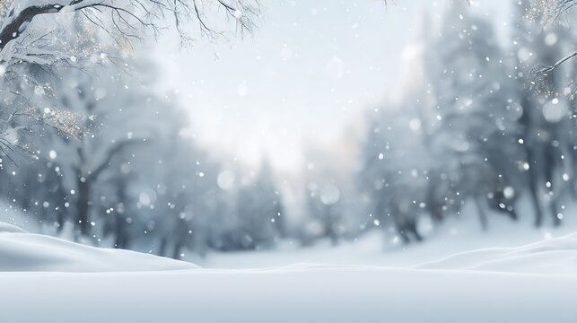 Beautiful snow-covered winter landscape with falling snowflakes, blurred trees and hills draped in white snow, evoking a serene, magical and peaceful cold season atmosphere.