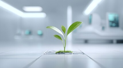 A vibrant green plant breaks through broken tiles in a clean modern indoor setting representing hope growth and the persistence of nature within a technological environment