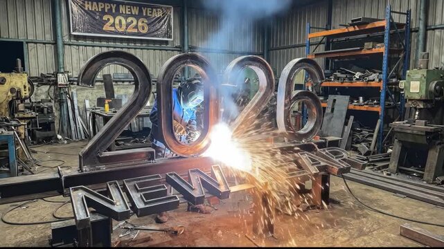 Welder in helmet and gloves sparks metalwork while cutting and assembling large 2026 numbers in a busy fabrication workshop, celebrating the new year with industrial skill