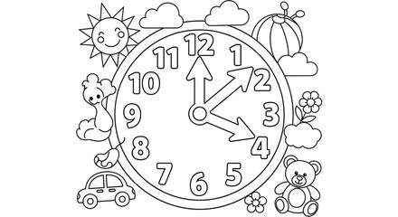 Whimsical clock face with sun, teddy bear and car outlines for kids activity books or playful learning resources, education, telling time, coloring template