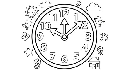 Enchanting coloring page featuring a whimsical clock surrounded by cheerful suns, birds, flowers, and a cozy house drawing, perfect for creative kids