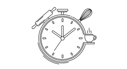 Baking time concept with rolling pin, whisk, and coffee cup around a clock, perfect for food blog headers or recipe book design projects needing a modern touch