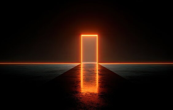Glowing orange rectangular portal illuminates a dark, reflective concrete expanse