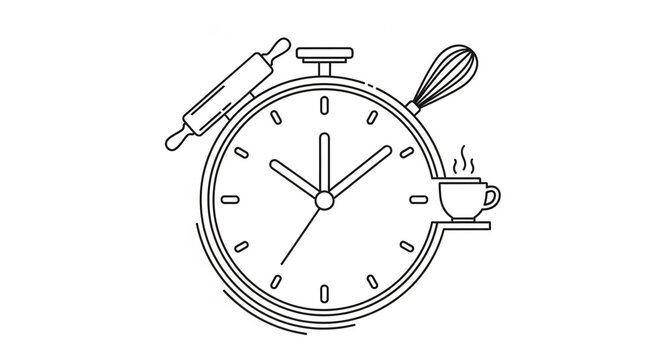 Baking time concept with rolling pin, whisk, and coffee cup around a clock, perfect for food blog headers or recipe book design projects needing a modern touch