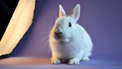 Obraz premium A fluffy white rabbit with bright eyes sits on a soft purple backdrop illuminated by a bright studio light, showcasing its fine fur texture and delicate whiskers.