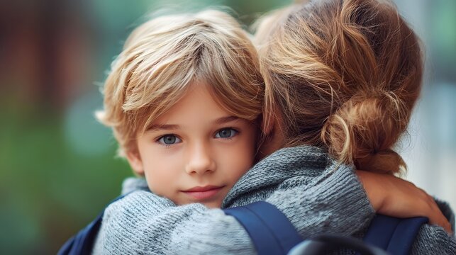 A close up portrait of a blonde haired boy hugging another person conveying a feeling of love care and connection in an outdoor natural setting