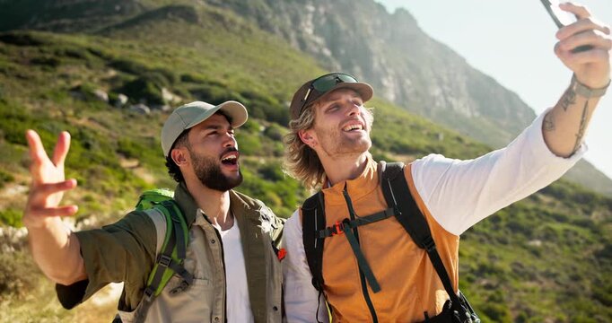 Happy men, friends and hiking with selfie on mountain for photography, social media or adventure. Active, male person or hiker with peace sign or thumbs up for trekking picture or capture moment