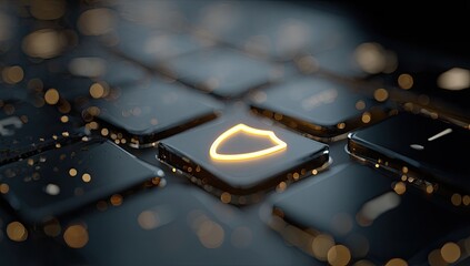 Close-up of glowing shield icon on a computer keyboard, surrounded by blurred light particles