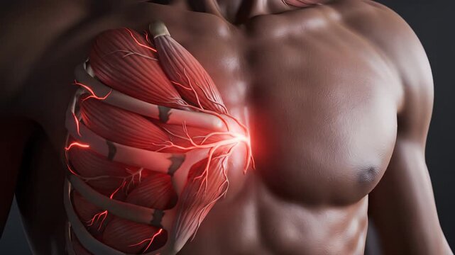 Detailed 3D animation of male chest muscles with highlighted pain points showcasing anatomical accuracy and discomfort.