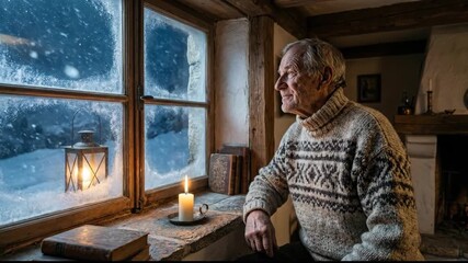 Elderly man lighting a candle, creating a cozy and warm atmosphere at his rustic cabin window while a snowstorm rages outside, symbolizing comfort, contemplation, and resilience