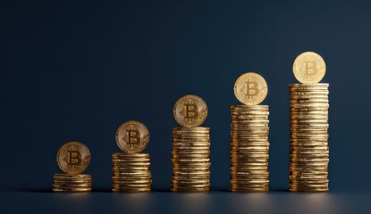 Stacks of digital currency coins in ascending order, symbolizing growth against a dark blue background