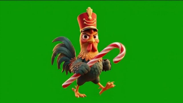 Seamless Looping 3D Rooster Animated Character Dressed as a Nutcracker Toy Soldier Marching with a Candy Cane on a Green Screen.