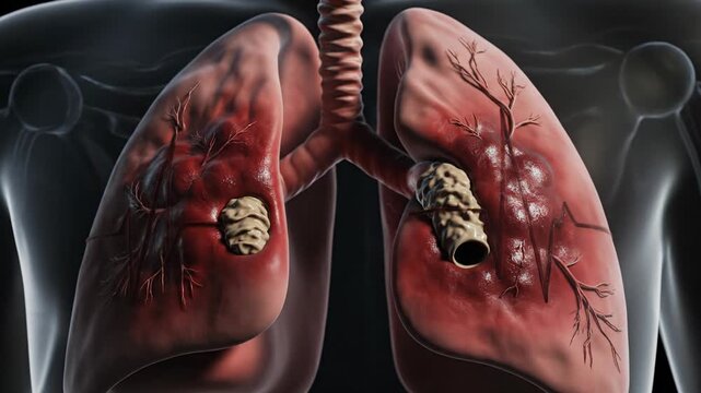 3D Animation of Human Lungs with Cancer and Heartbeat Monitor.