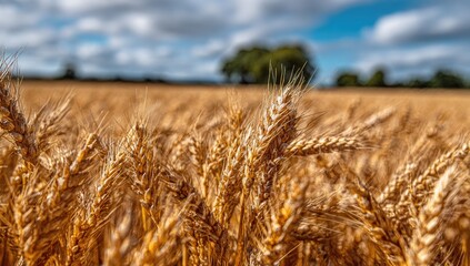 Golden wheat field swaying gently under a partly cloudy sky, with a distant tree line