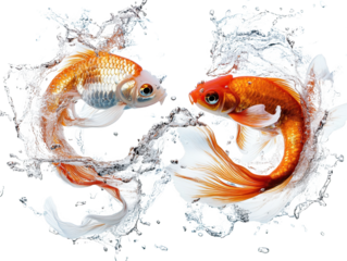 A Beautiful Dance of Goldfish in Water Splashes: Captivating Underwater Movement with Vibrant Colors and Lively Dynamics isolated on transparent background 