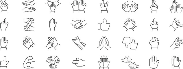 Hand gestures vector icons in line style. Hand gestures vector icons collection. Thin line icons related to hand gestures and sign language
