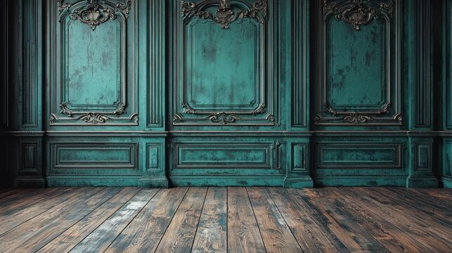 Elegant interior featuring teal paneled walls and weathered wooden floor