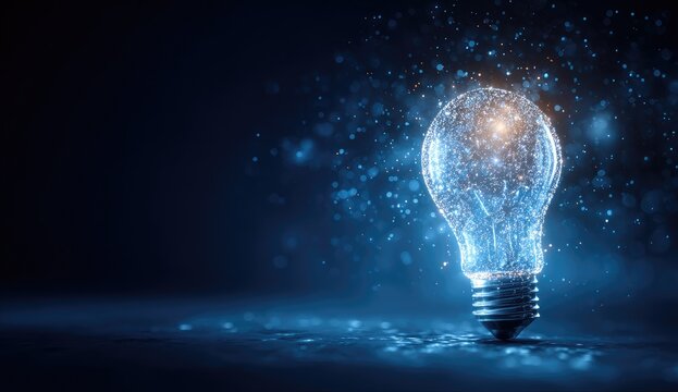 Illuminated lightbulb, glowing with sparks, on dark blue background with bokeh effect