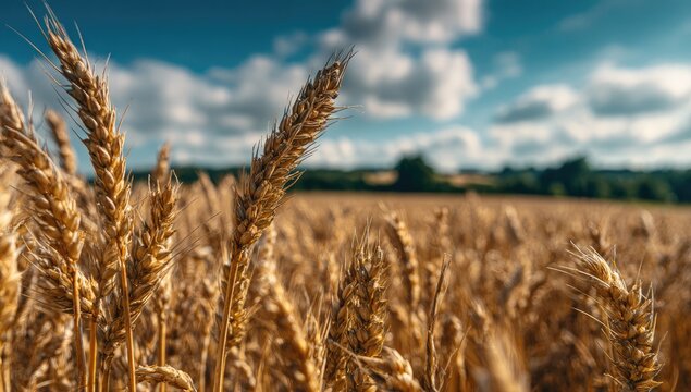 Close-up of golden wheat stalks in a field under a bright blue sky with fluffy clouds - Powered by Adobe
