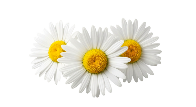 Three white daisies with yellow centers arranged in a cluster isolated on a transparent background