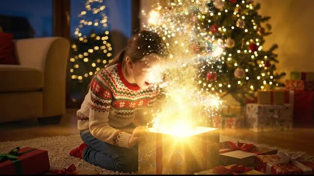 Young girl with wide eyes expressing immense surprise and joy while unpacking a glowing present during the christmas holidays, surrounded by decorated gifts and a festive tree