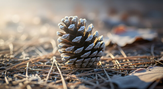 Frosted Pine Cone on Forest Floor in Soft Winter Light.