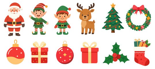 Obraz premium Christmas characters and objects illustrations set. Vector cartoon clipart for Christmas decorations.