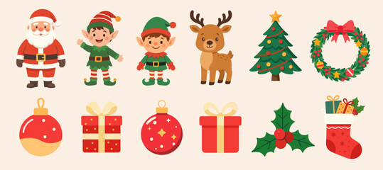 Fototapeta premium Christmas characters and objects illustrations set. Vector cartoon clipart for Christmas decorations.