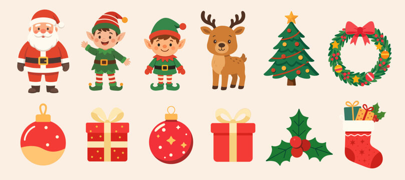 Christmas characters and objects illustrations set. Vector cartoon clipart for Christmas decorations.