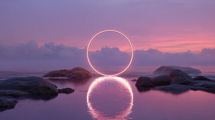 A dreamy scene of a glowing circle above water reflecting the pink and purple sky at dusk