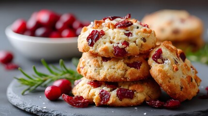 Festive homemade cranberry and rosemary cookies baked with dried fruit and fresh herbs garnished with whole cranberries and rosemary sprigs on a rustic slate background