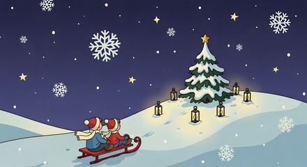 Naklejka premium Children on a sled looking at a christmas tree with lanterns under a starry snowy night sky scene