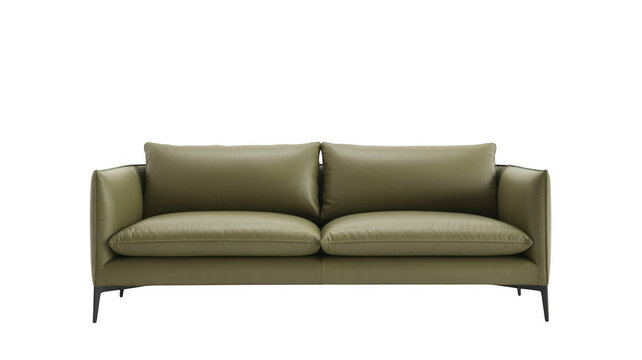 Olive green leather sofa with two seat cushions and two back cushions isolated on a transparent background