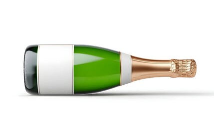 Elegant green glass champagne bottle presented horizontally with a prominent white label and metallic gold foil on its neck set against a clean white studio backdrop for mockups