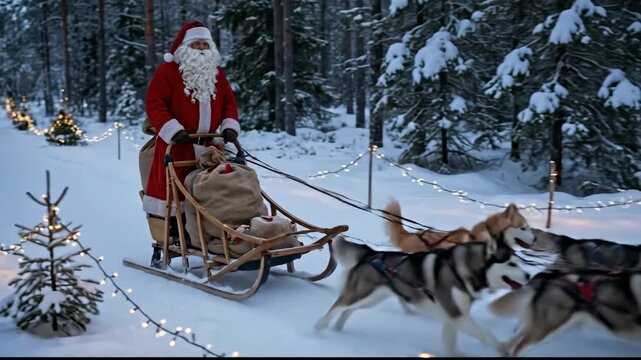 Santa claus rides a wooden sleigh pulled by a team of huskies and golden retrievers. Delivering gifts through a magical snow-covered winter forest decorated with christmas lights and small pine trees
