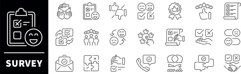 Survey vector icons in line style. Survey thin line icons set. Questionnaire outline icons