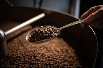 Roaster with coffee beans pour, worker's hand and oversized spoon holding roasted beans under soft light. Gourmet beverage production and raw material processing.