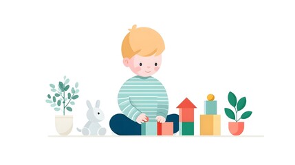 Creative childhood play a joyful boy engages with vibrant wooden building blocks accompanied by a toy bunny and potted plants in a simplified flat illust n style