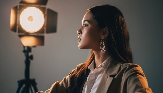 Young woman artist concentrating on her creative work under a dramatic studio spotlight, bathed in warm, cinematic lighting.