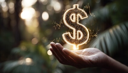 Glowing dollar sign hologram floats over a hand with lush greenery background