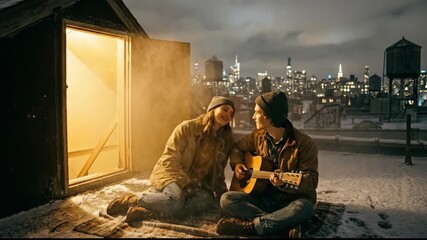Young couple sitting on a snowy rooftop at night, enjoying a romantic moment together as a man plays acoustic guitar with a vibrant city skyline in the background - Powered by Adobe