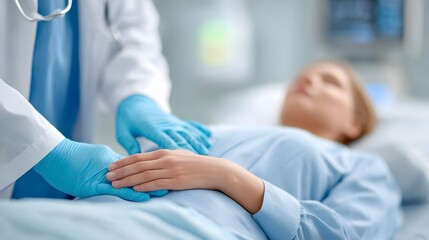 Fototapeta premium Close up view of a doctor wearing protective blue gloves and a white coat performing a physical examination on a female patient reclined on a medical bed