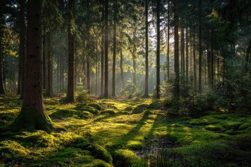 Fototapeta premium Sunlit forest scene with towering trees casting long shadows on mossy ground