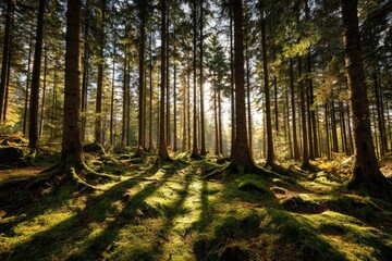 Sunlit woodland scene with tall trees and dappled light filtering through the canopy