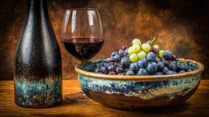 Rustic Ceramic Bowl Filled With Fresh Fruits and Red Wine in a Cozy Setting