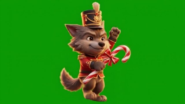 Seamless Looping Animation of a Cute 3D Wolf Character in a Nutcracker Toy Soldier Uniform Marching with a Candy Cane on Green Screen.
