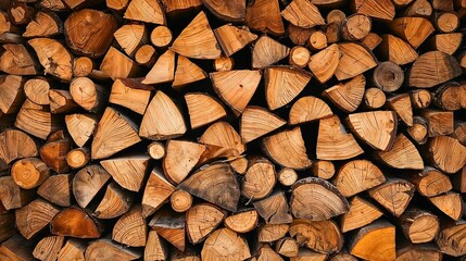 Stacked Firewood: A visually appealing display of meticulously stacked firewood, showcasing the natural textures and warm tones of the wood, ready for winter.